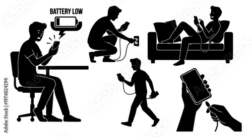 Smartphone battery low silhouette set, people charging mobile phones with cables and power banks, person using cellphone with low energy warning