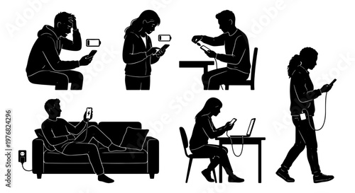 Smartphone battery silhouette set, people charging mobile phones with power banks and cables, low battery icon and technology addiction concept vector