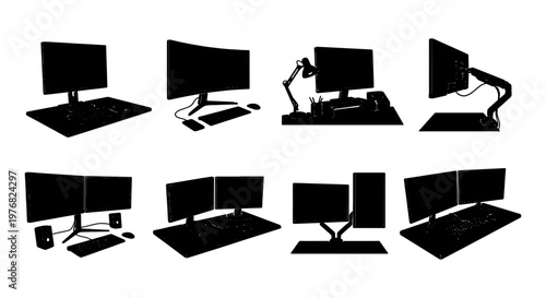 Minimalist computer desk silhouette collection, 8 workstation vector icons, modern gaming setup and office workspace silhouettes for interior design