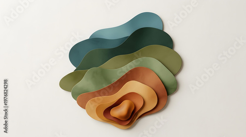 Minimal abstract layered terrain shape with soft organic curves and earthy gradient colors in modern 3D paper cut illustration style