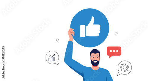 Cheerful bearded man holds a large blue thumbs up icon representing social media likes and positive feedback alongside various business and chat symbols.