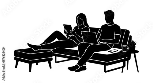 Minimalist silhouette of a couple relaxing on a sofa with laptop and tablet, black and white vector illustration of people working from home on a couch