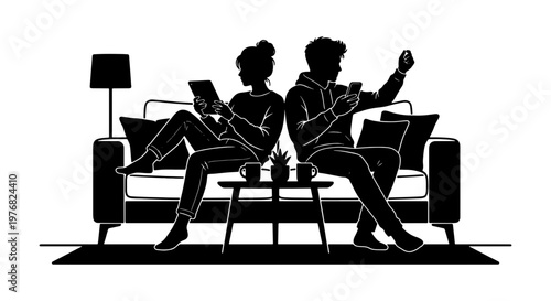 Silhouette vector of a couple sitting on a sofa with gadgets, young man and woman using smartphone and tablet at home, modern lifestyle illustration