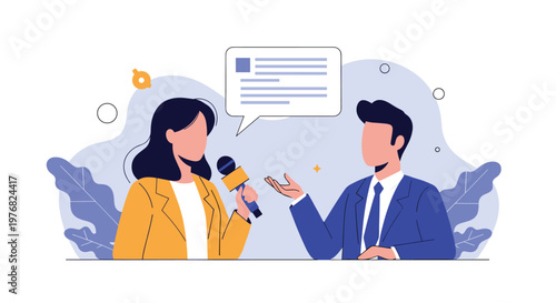 Professional female news reporter holding a microphone interviews a man in a blue suit with a speech bubble indicating active communication and dialogue.