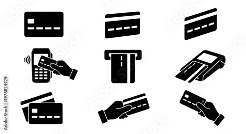 Credit card icon set for banking and finance, 9 black vector elements for payment processing, hand holding card and pos terminal symbols