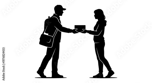 Delivery courier silhouette handing package to customer, courier service worker with parcel box, shipping and logistics vector illustration