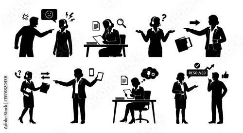 Customer service silhouette icons, business call center support staff set, professional office communication and problem resolution vector graphics