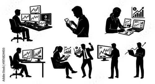 Black silhouette business trader icons, professional financial analyst set, stock market investors with data charts, 8 vector elements for trading