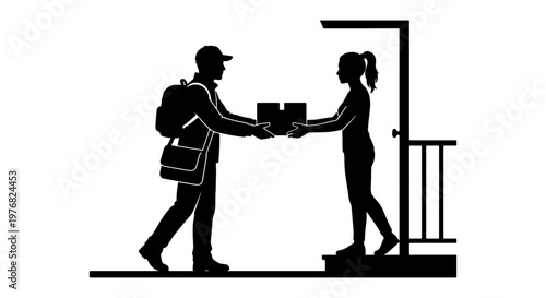 Delivery man silhouette handing package to customer at door, courier service worker delivering cardboard box to woman, home shipping vector