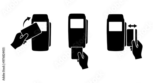 Contactless payment terminal icons, credit card reader machine silhouettes, hand swiping and inserting card for retail checkout transactions