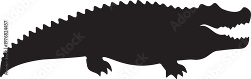 A black silhouette of a crocodile on a white background isolated on transparent background