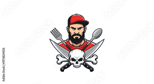 Fierce bearded man wearing a red cap and shirt is featured behind a skull and crossed kitchen knives, fork, and spoon in a bold culinary logo style.
