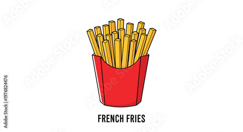 Iconic red cardboard container overflowing with golden yellow crispy french fries presented on a white background with clear text labeling at the bottom.