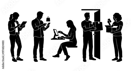 Black silhouette people shopping online and receiving delivery, set of 5 vector icons, e-commerce customer service and logistics process