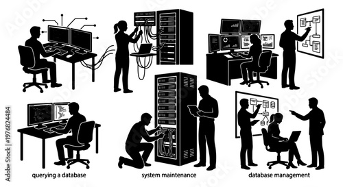 Data center silhouettes, IT professionals querying a database and system maintenance, network engineers managing server racks and infrastructure