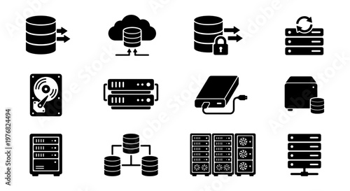 Data storage and server icons set, black solid vector symbols for cloud computing and database management, network infrastructure hardware elements