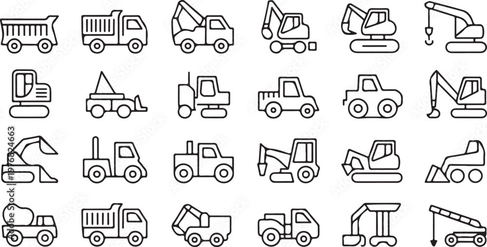 Fototapeta premium A large collection of various construction vehicles in outline style including trucks and excavators