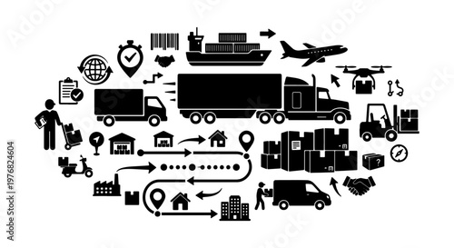 Logistics and supply chain management icons set, global shipping and transportation vector elements, black delivery service symbols on white background
