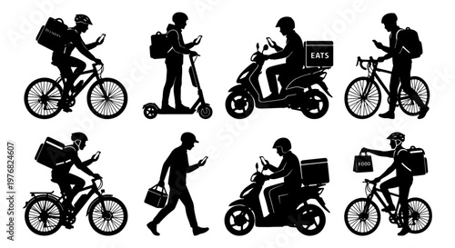 Food delivery courier silhouettes, set of 8 delivery man icons on bicycle and scooter, professional courier service vector graphics for logistics