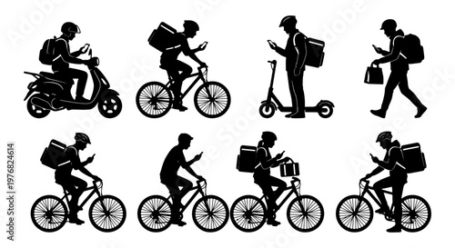 Delivery courier silhouette set, food delivery service workers with bicycles and scooters, express shipping icons for mobile apps and logistics