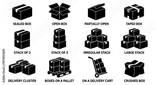 Logistics delivery box icons set, 12 cardboard shipping package symbols. Black vector silhouettes of sealed, open, stacked, and crushed boxes on pallet and cart.
