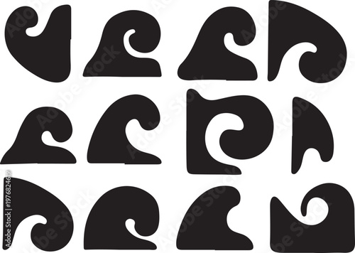 Set of black abstract wave icons and ocean surf silhouettes featuring minimalist hand drawn swirls for summer coastal logo design elements.