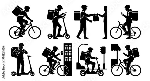 Food delivery courier silhouettes, bicycle and electric scooter riders with thermal backpacks, set of 8 delivery service icons for mobile apps