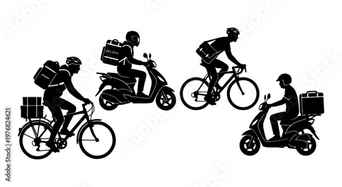 Delivery courier silhouettes set, food delivery service workers on bicycles and scooters, professional transport icons for logistics and shipping