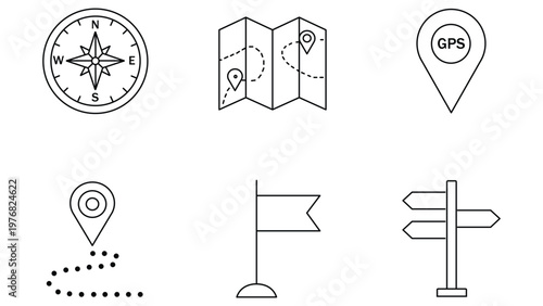 Set of travel icons for hiking outing map direction compass essentials for travelling navigation