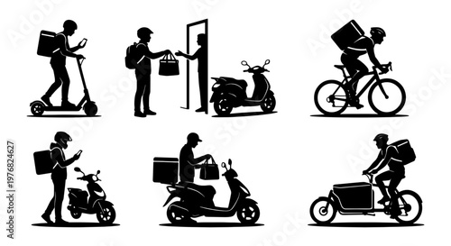Delivery service silhouettes set, food courier icons on bicycle and scooter, logistics and shipping vector collection, courier delivering package to door