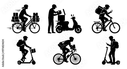 Delivery courier silhouette collection, 6 professional shipping service icons, bicycle and scooter food delivery workers, black vector silhouettes on white