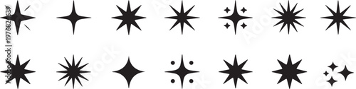 A collection of various black sparkle icons and glimmering stars for festive design elements