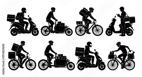 Delivery courier silhouette set, 8 food delivery service icons on scooters and bicycles, professional transport and logistics vector elements
