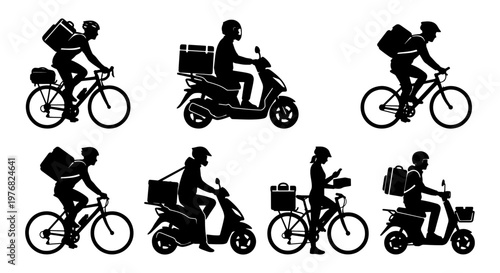 Delivery courier silhouette set, food delivery service workers on bicycles and scooters, 7 vector icons of fast shipping logistics personnel