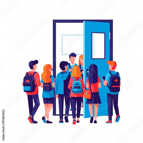 Group of teenagers gathered at school entrance with backpacks  