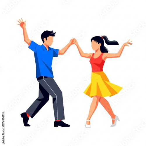 Young couple dancing joyfully in vibrant clothing on white background  