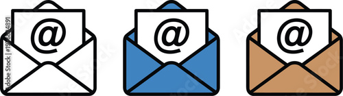Email envelope icon set, vector illustrations of at symbol message concept for digital communication interfaces mail services contact applications and modern UI graphic design.