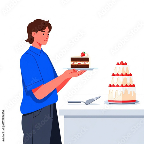 Young man holding a cake while preparing for a dessert display  