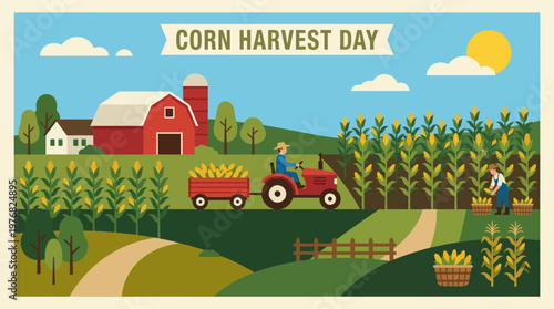 Farmer driving tractor with trailer full of corn during harvest day.