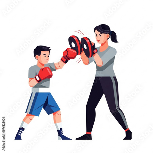 Young boy practicing boxing with female trainer in gym setting  
