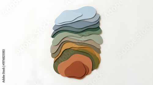 Vertical abstract layered terrain illustration with organic topographic contours and soft earthy color palette in modern paper cut style