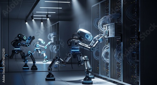 Futuristic cybernetic robots maintaining a large server data center