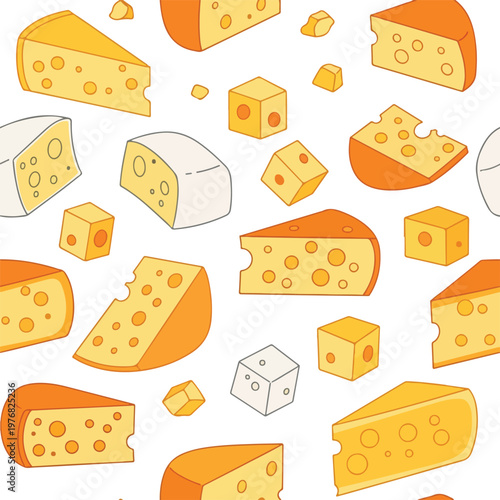 Illustration of various cheese wedges and cubes in different sizes and types on a white background with a playful and colorful mood.