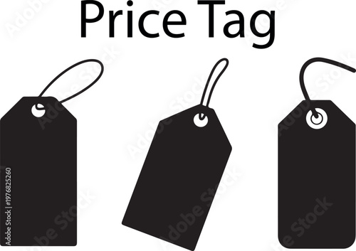 Simple black price tag icons representing retail value discount and product identification for sales promotions