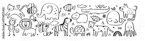 Set of cute animals with organic texture of crayon, chalk or pastel . Lion, elephant, monkey, octopus. Black vector illustration on a white background.