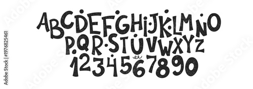 Doodle children font, cartoon kids alphabet with crayon, pastel or chalk texture. Vector handdrawn numbers, letters and dots.