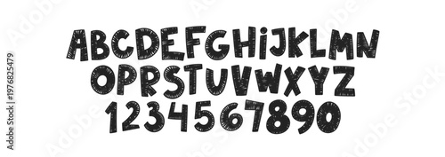 Funky children font, cartoon kids alphabet with crayon, pastel or chalk texture. Vector black handdrawn numbers and letters.