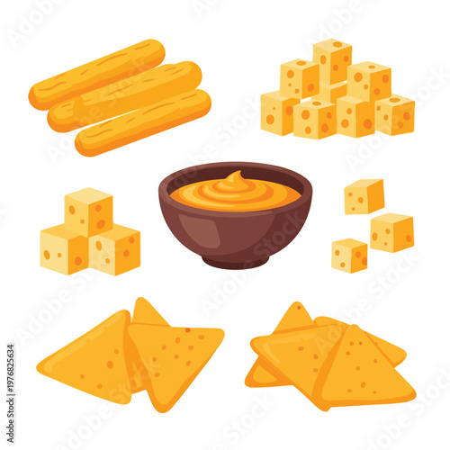 Flat lay illustration of various cheese products including cubes, slices, sticks, and a bowl of dip on a white background.