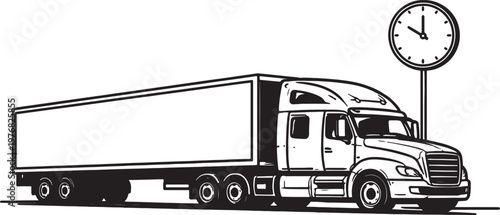 Black and white line of a semi-trailer truck parked next to a tall clock, conveying a sense of logistics and time also transparent background