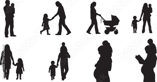 Family silhouette set with parents and children. Mother and father with baby and toddler icons. Black silhouettes of pregnant woman and family life.